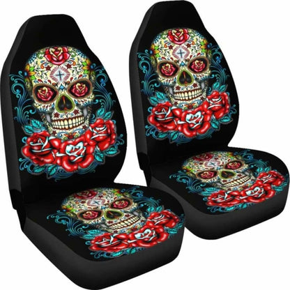 Set Of 2 - Flower Sugar Skull Seat Covers 101207