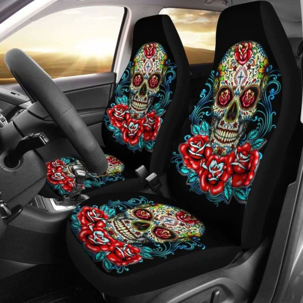 Set Of 2 - Flower Sugar Skull Seat Covers 101207