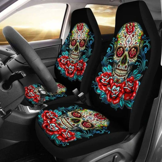 Set Of 2 - Flower Sugar Skull Seat Covers 101207