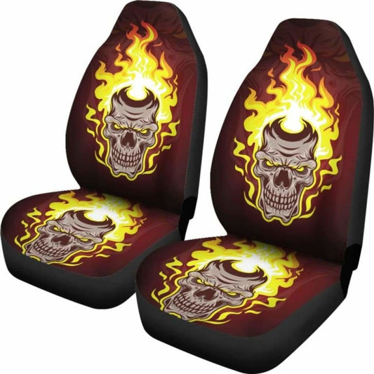 Set Of 2 - Gothic Horror Halloween Skull Flaming Drum Skull Car Seat Cover 172727
