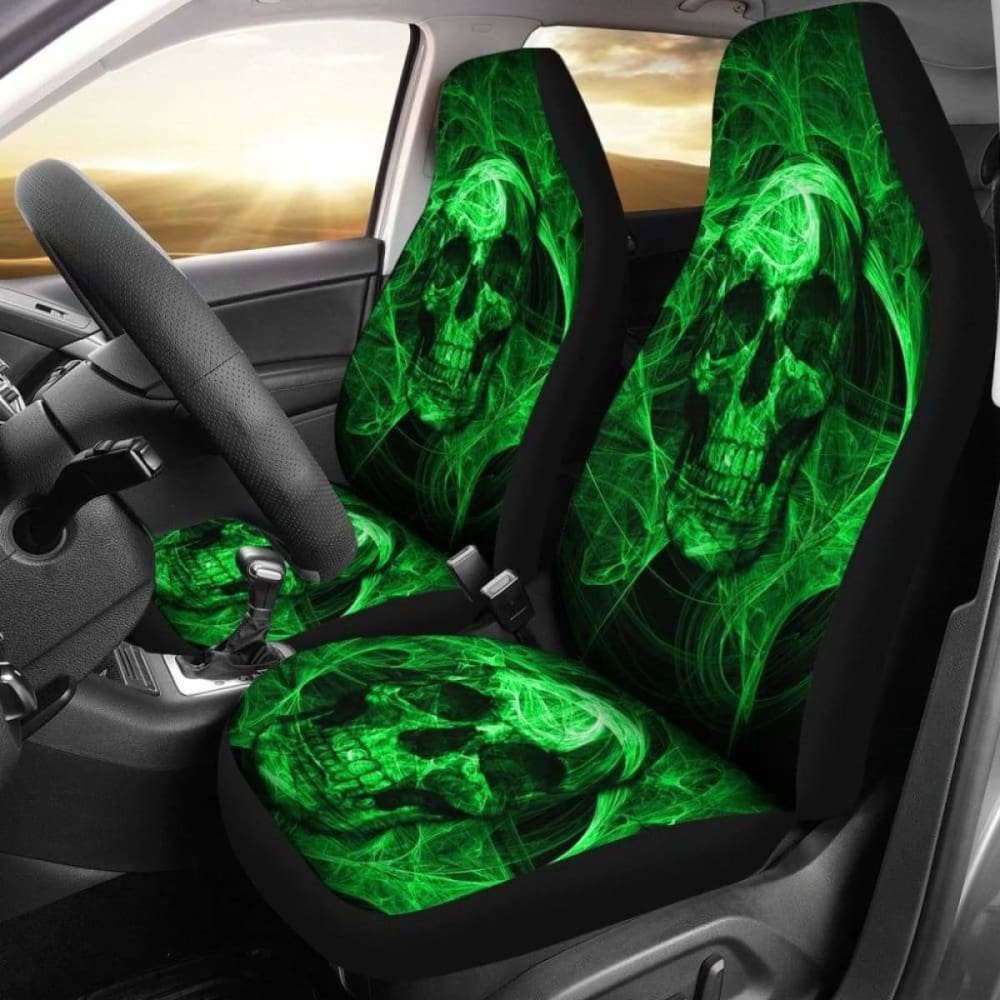 Set Of 2 Green Flaming Fire Skull Car Seat Covers 110728 - YourCarButBetter