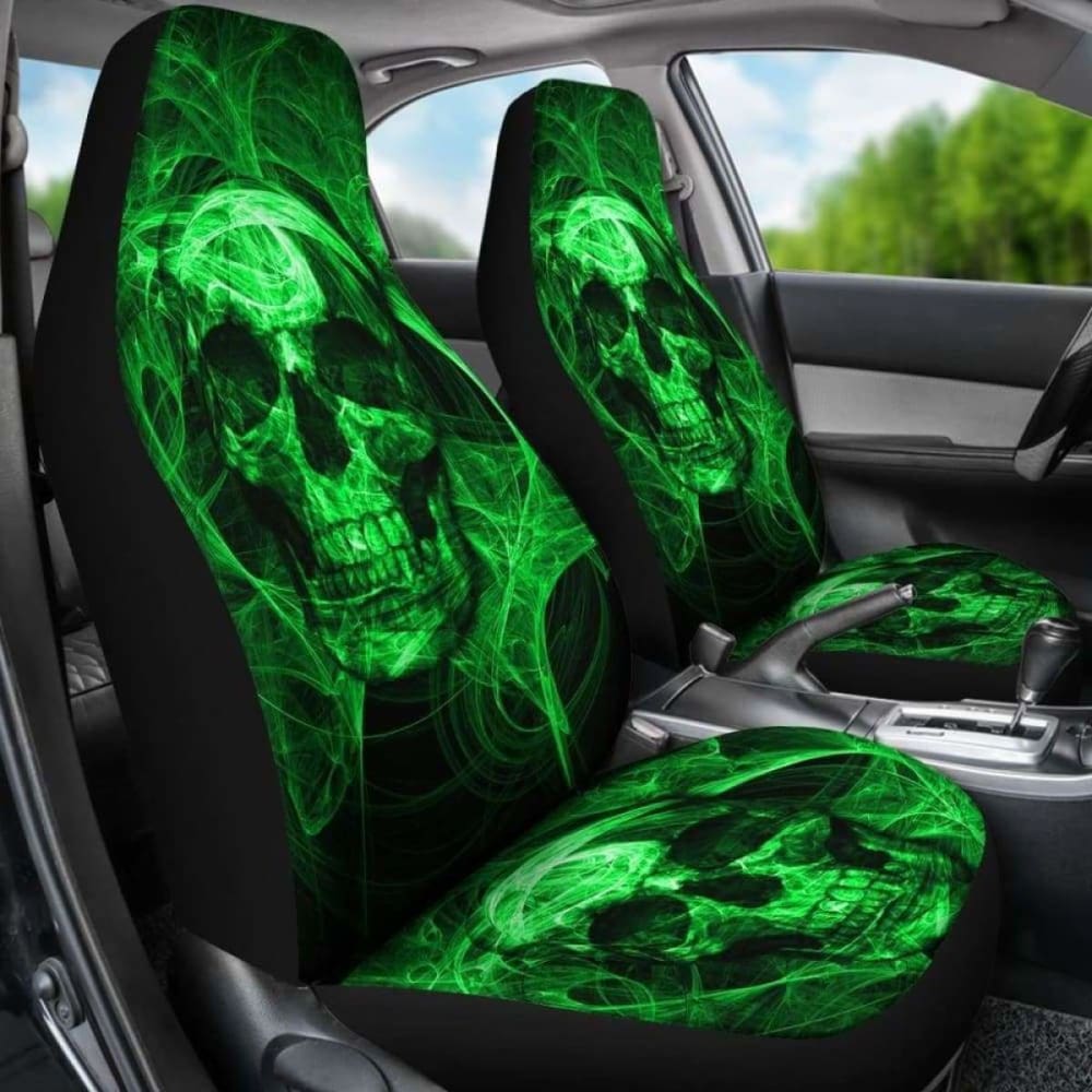 Set Of 2 Green Flaming Fire Skull Car Seat Covers 110728 - YourCarButBetter