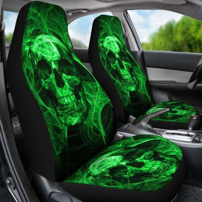 Set Of 2 Green Flaming Fire Skull Car Seat Covers 110728 - YourCarButBetter