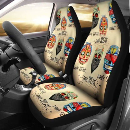 Set Of 2 - No Hear No See No Speak Sugar Skull Car Seat Cover 101207