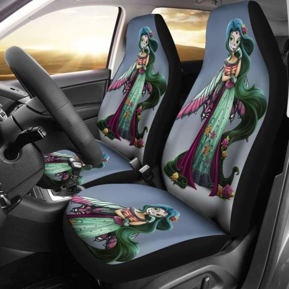 Set Of 2 Pcs Beautiful Girl Sugar Skull Car Seat Covers 101207