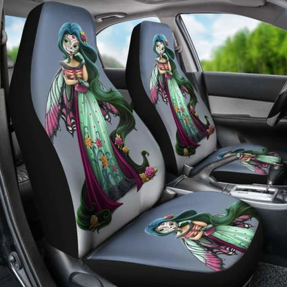 Set Of 2 Pcs Beautiful Girl Sugar Skull Car Seat Covers 101207