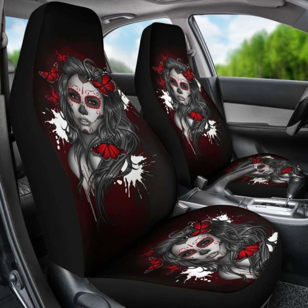 Set Of 2 Pcs Beautiful Sugar Skull Girl Car Seat Cover 101207