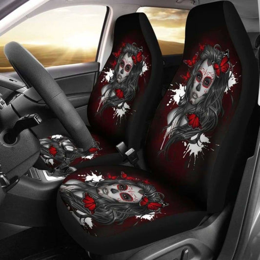 Set Of 2 Pcs Beautiful Sugar Skull Girl Car Seat Cover 101207