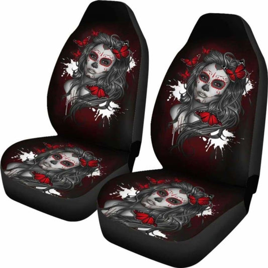 Set Of 2 Pcs Beautiful Sugar Skull Girl Car Seat Cover 101207