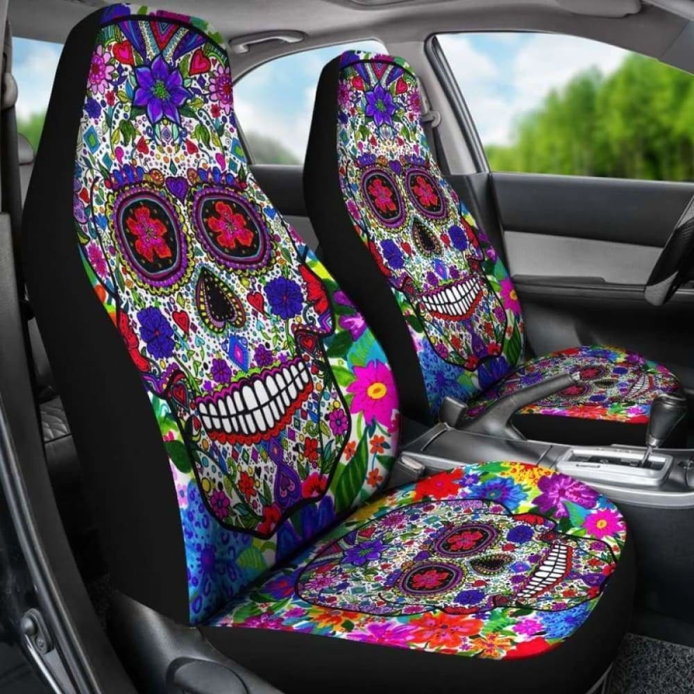 Set Of 2 Pcs Colorful Sugar Skull Car Seat Cover. 101207