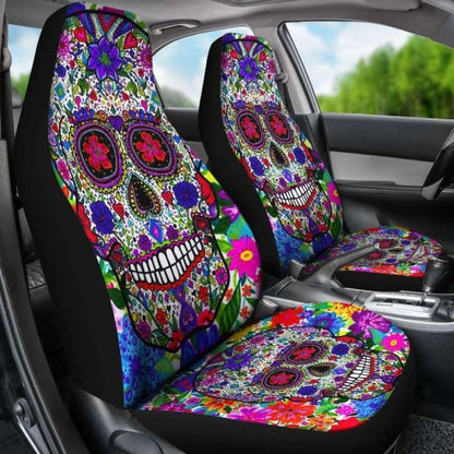 Set Of 2 Pcs Colorful Sugar Skull Car Seat Cover. 101207