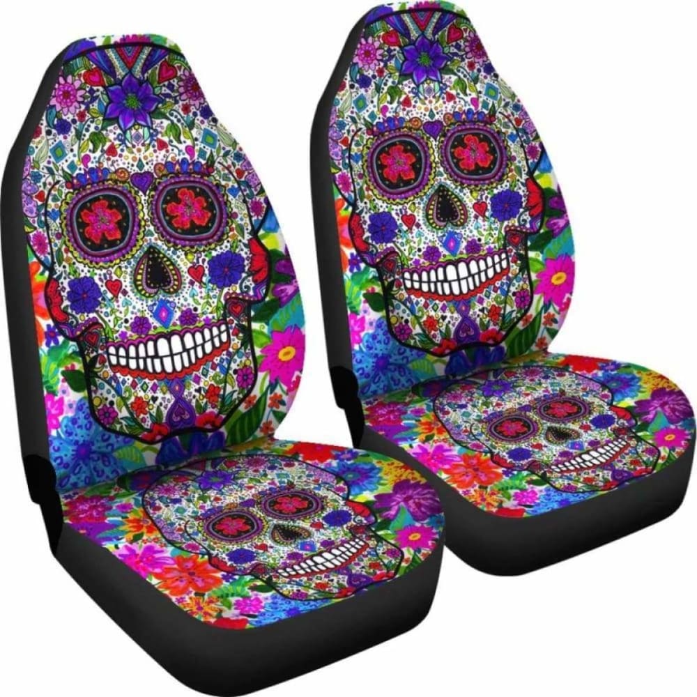 Set Of 2 Pcs Colorful Sugar Skull Car Seat Cover. 101207