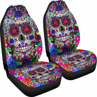 Set Of 2 Pcs Colorful Sugar Skull Car Seat Cover. 101207