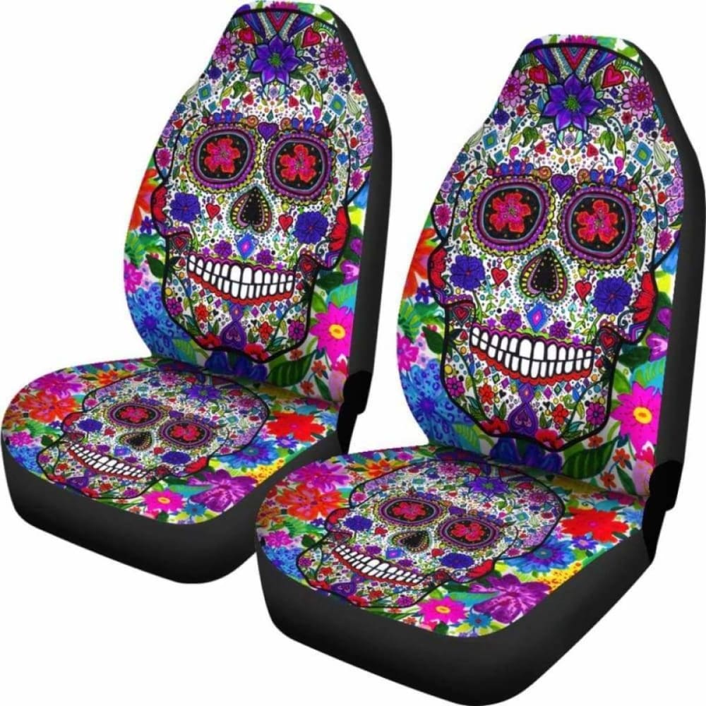 Set Of 2 Pcs Colorful Sugar Skull Car Seat Cover. 101207