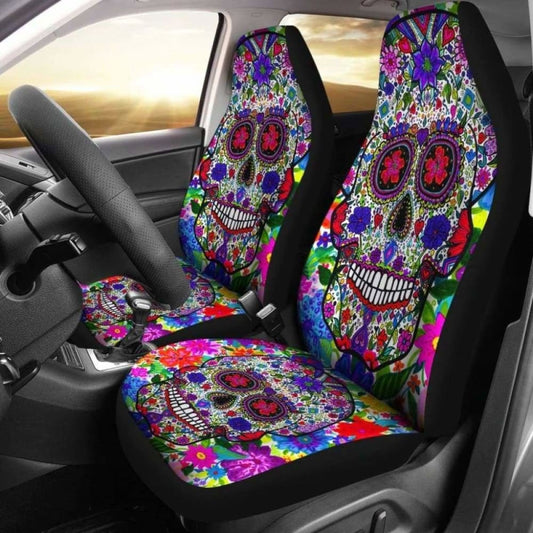 Set Of 2 Pcs Colorful Sugar Skull Car Seat Cover. 101207