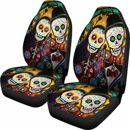 Set Of 2 Pcs Day Of The Dead Sugar Skull Car Seat Cover 101207