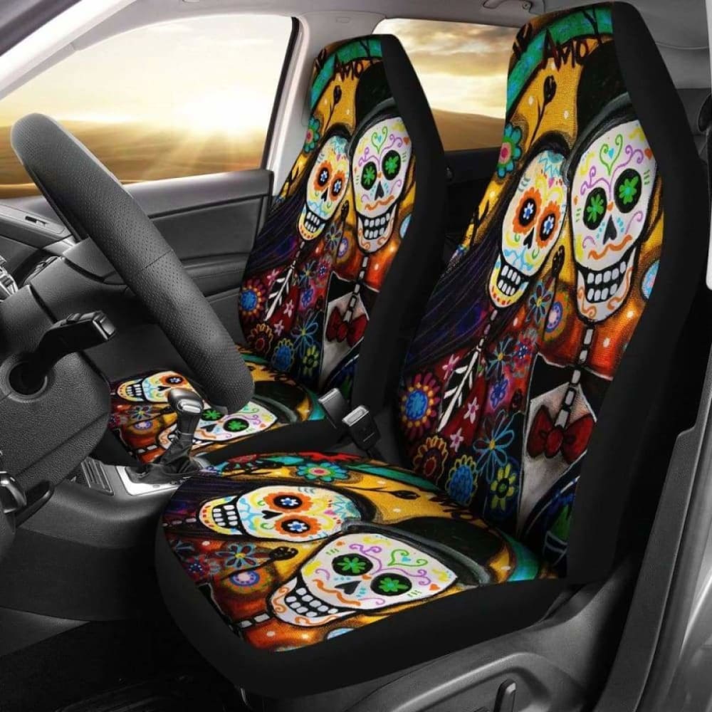 Set Of 2 Pcs Day Of The Dead Sugar Skull Car Seat Cover 101207