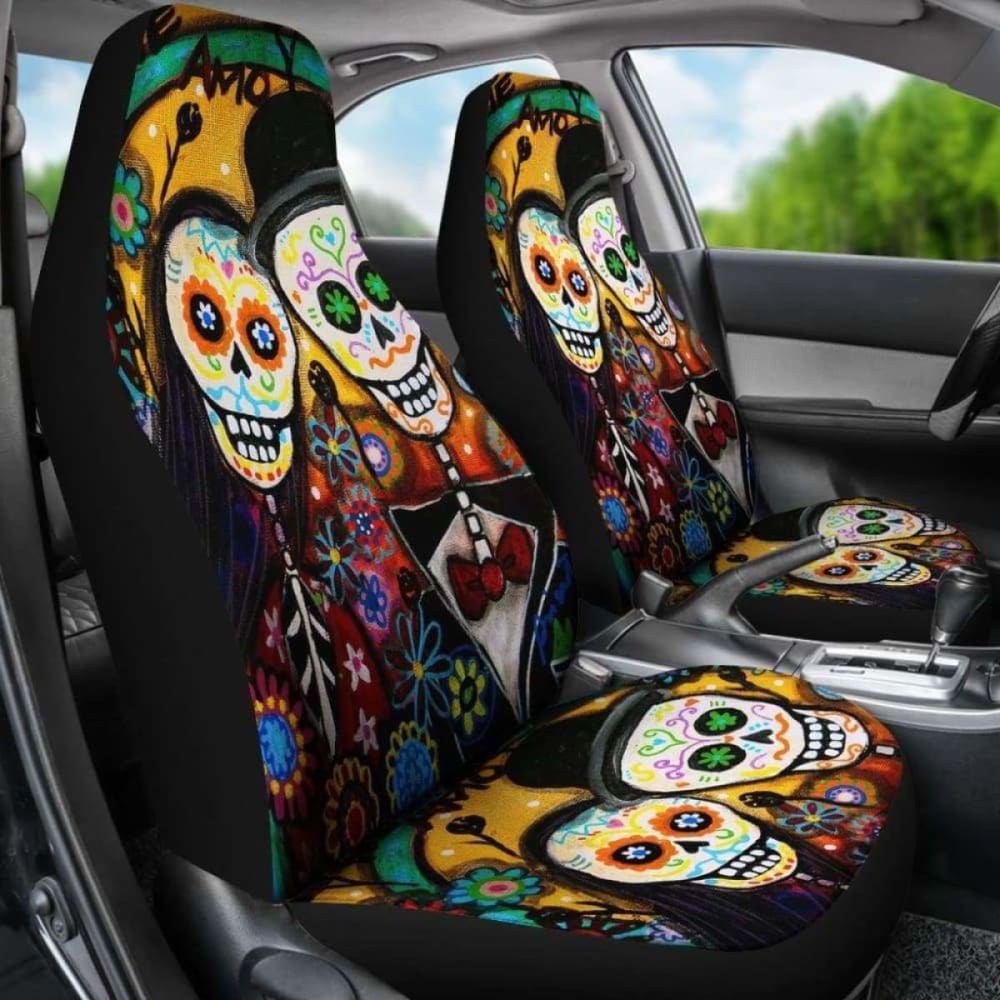 Set Of 2 Pcs Day Of The Dead Sugar Skull Car Seat Cover 101207