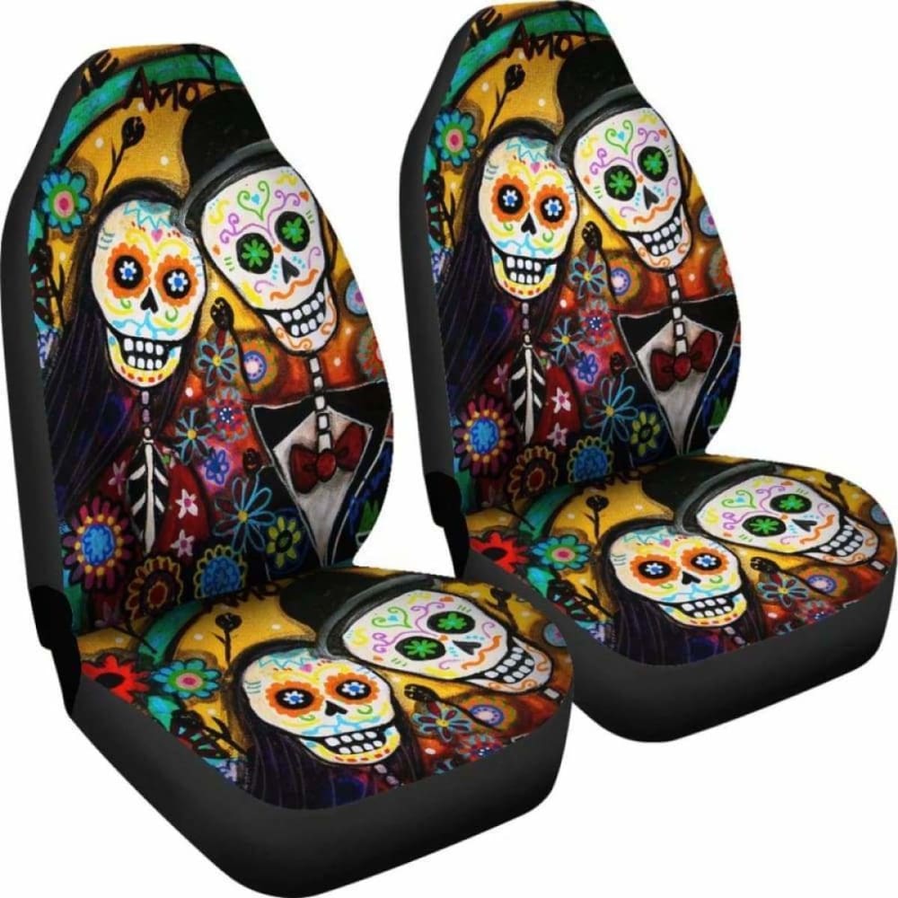 Set Of 2 Pcs Day Of The Dead Sugar Skull Car Seat Cover 101207
