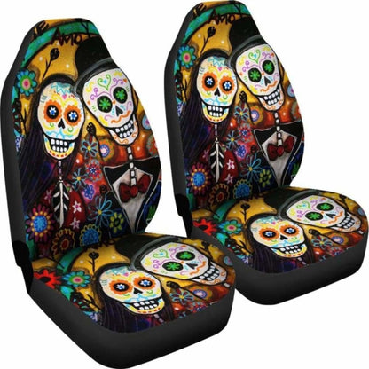 Set Of 2 Pcs Day Of The Dead Sugar Skull Car Seat Cover 101207