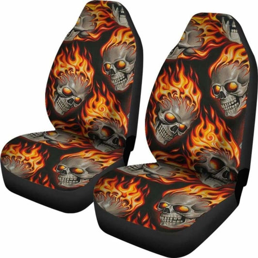 Set Of 2 Pcs Flaming Fire Skulls Car Seat Covers 101207