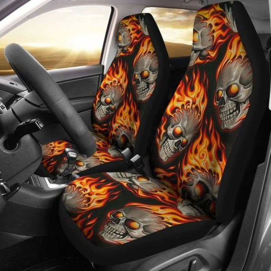 Set Of 2 Pcs Flaming Fire Skulls Car Seat Covers 101207