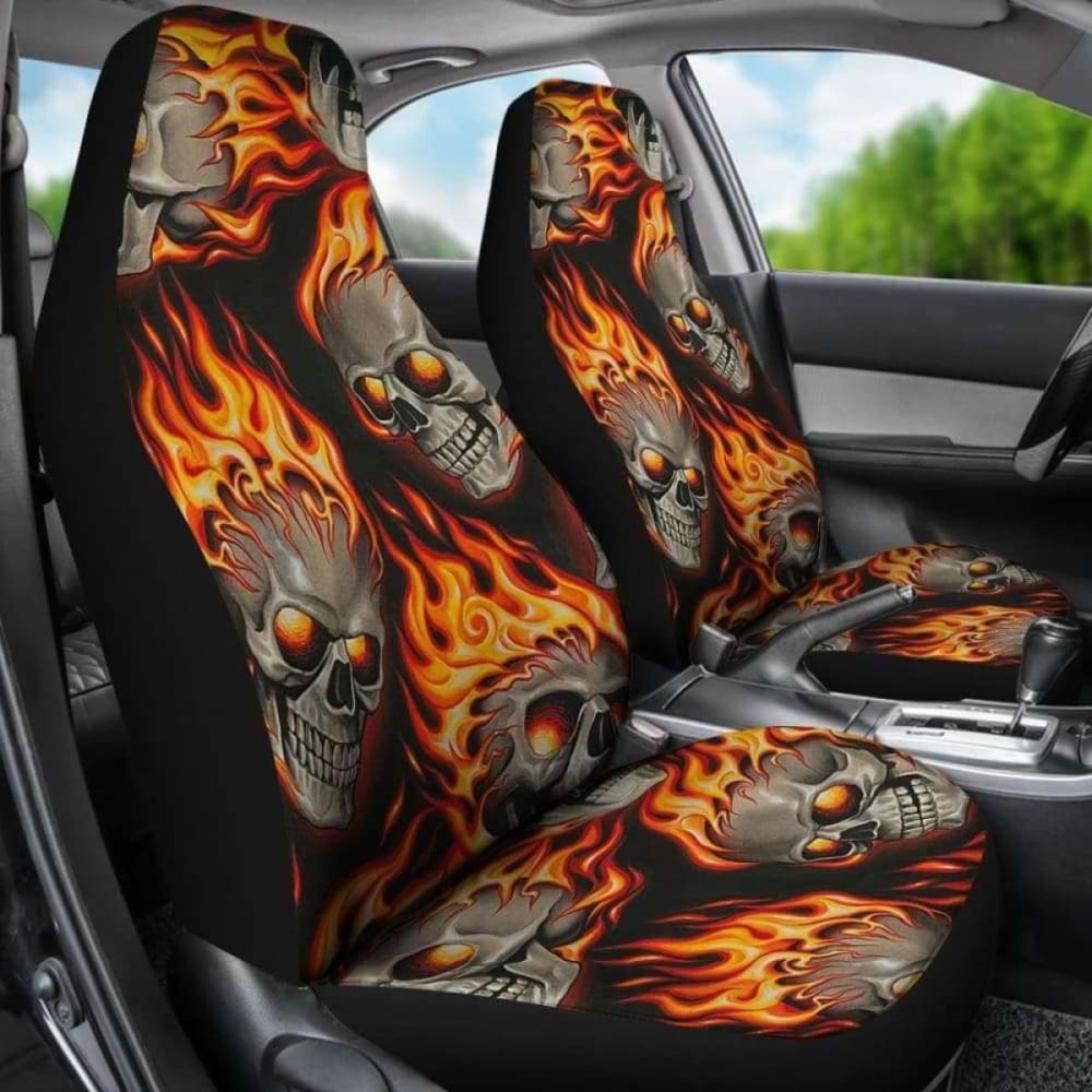 Set Of 2 Pcs Flaming Fire Skulls Car Seat Covers 110728 - YourCarButBetter