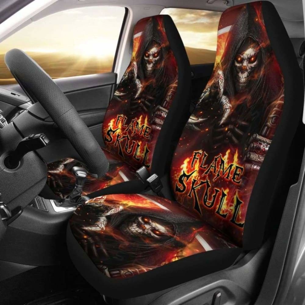 Set Of 2 Pcs Flaming Skull Car Seat Covers 101207