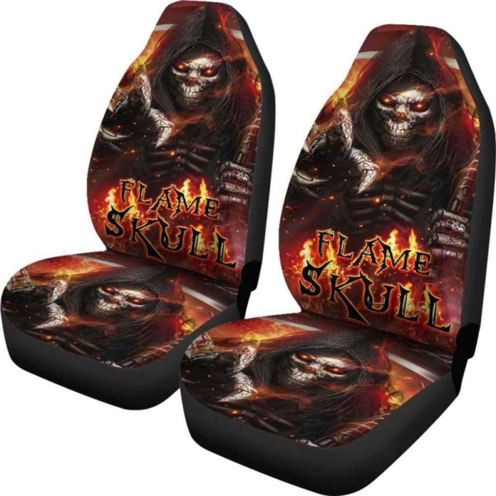Set Of 2 Pcs Flaming Skull Car Seat Covers 101207