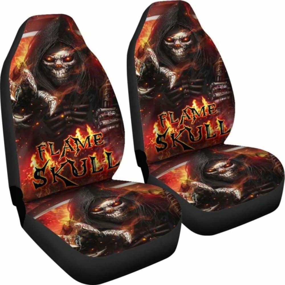 Set Of 2 Pcs Flaming Skull Car Seat Covers 101207