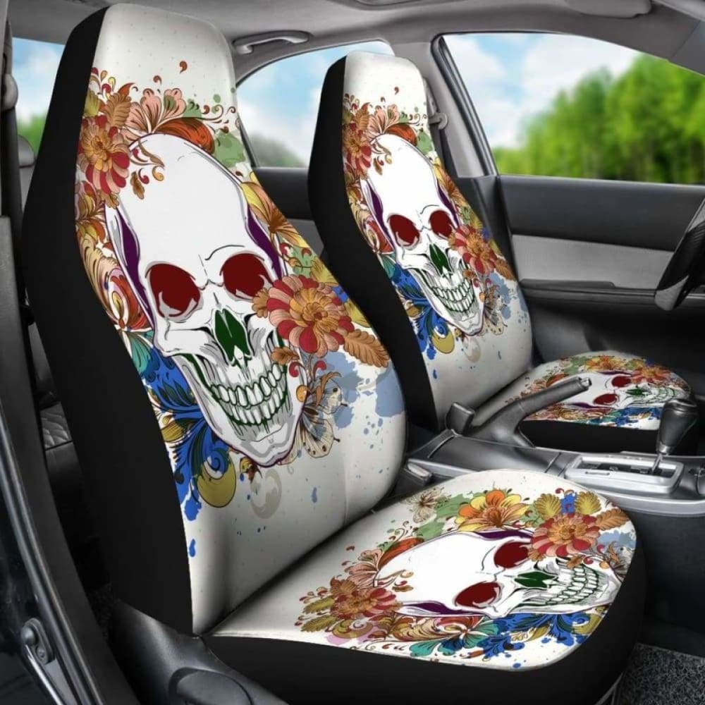 Set Of 2 Pcs Floral Skull Car Seat Covers 101207
