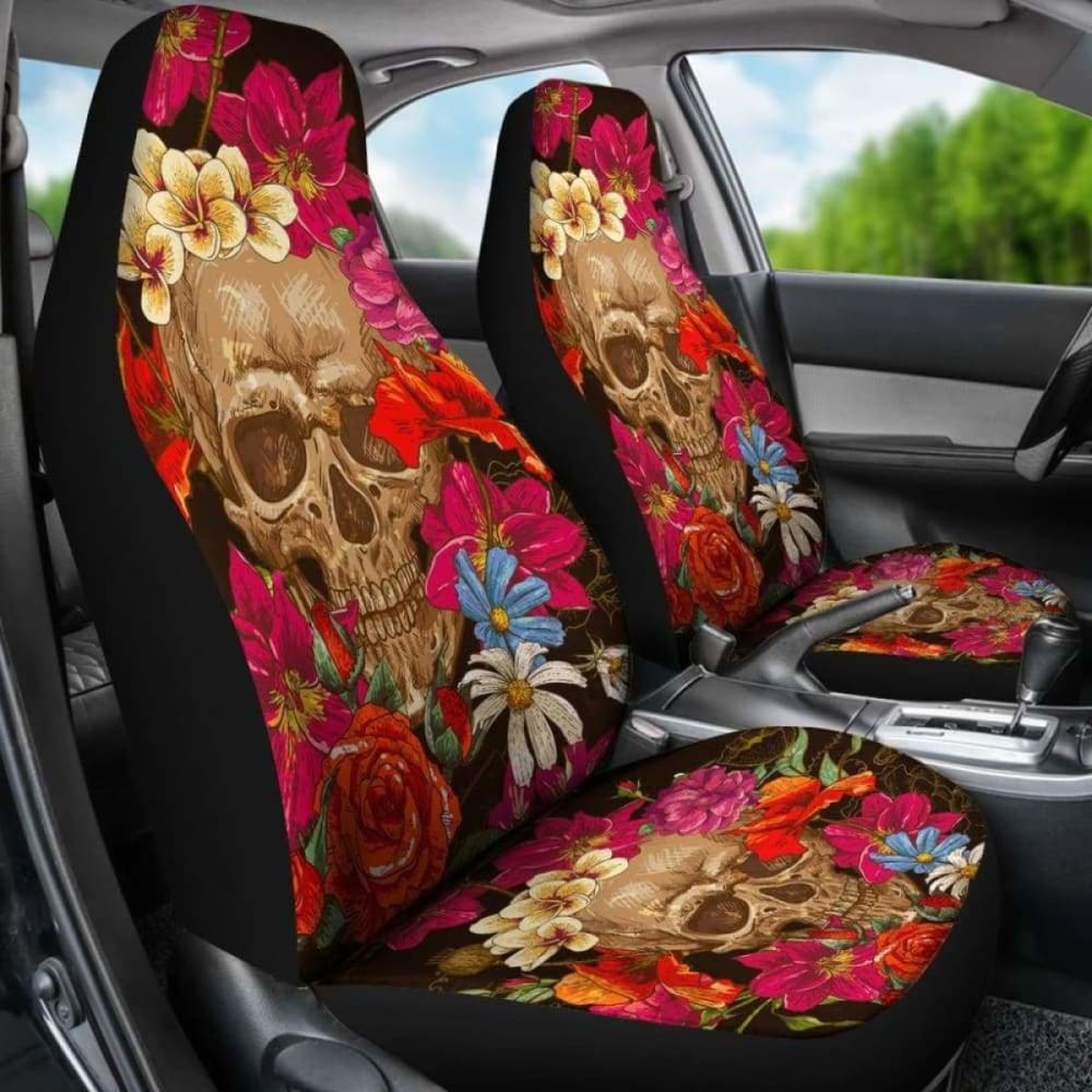 Set Of 2 Pcs Floral Skull Car Seat Covers 101207