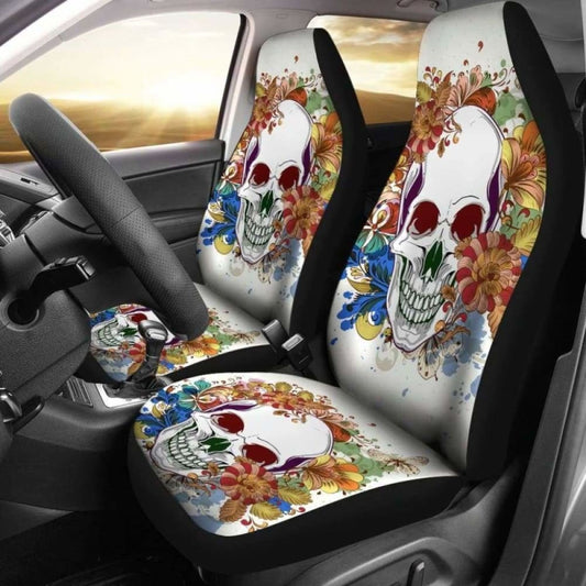 Set Of 2 Pcs Floral Skull Car Seat Covers 101207
