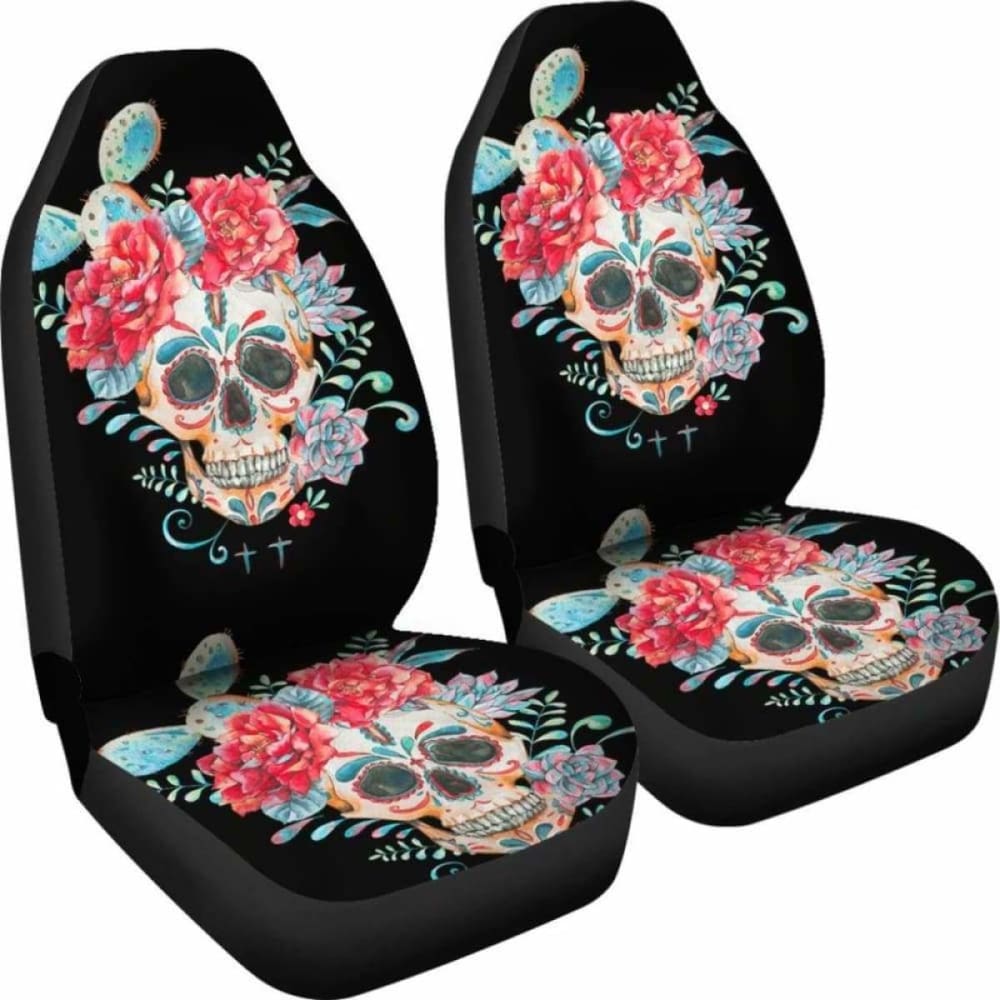 Set Of 2 Pcs Floral Skull Car Seat Covers 153908 - YourCarButBetter