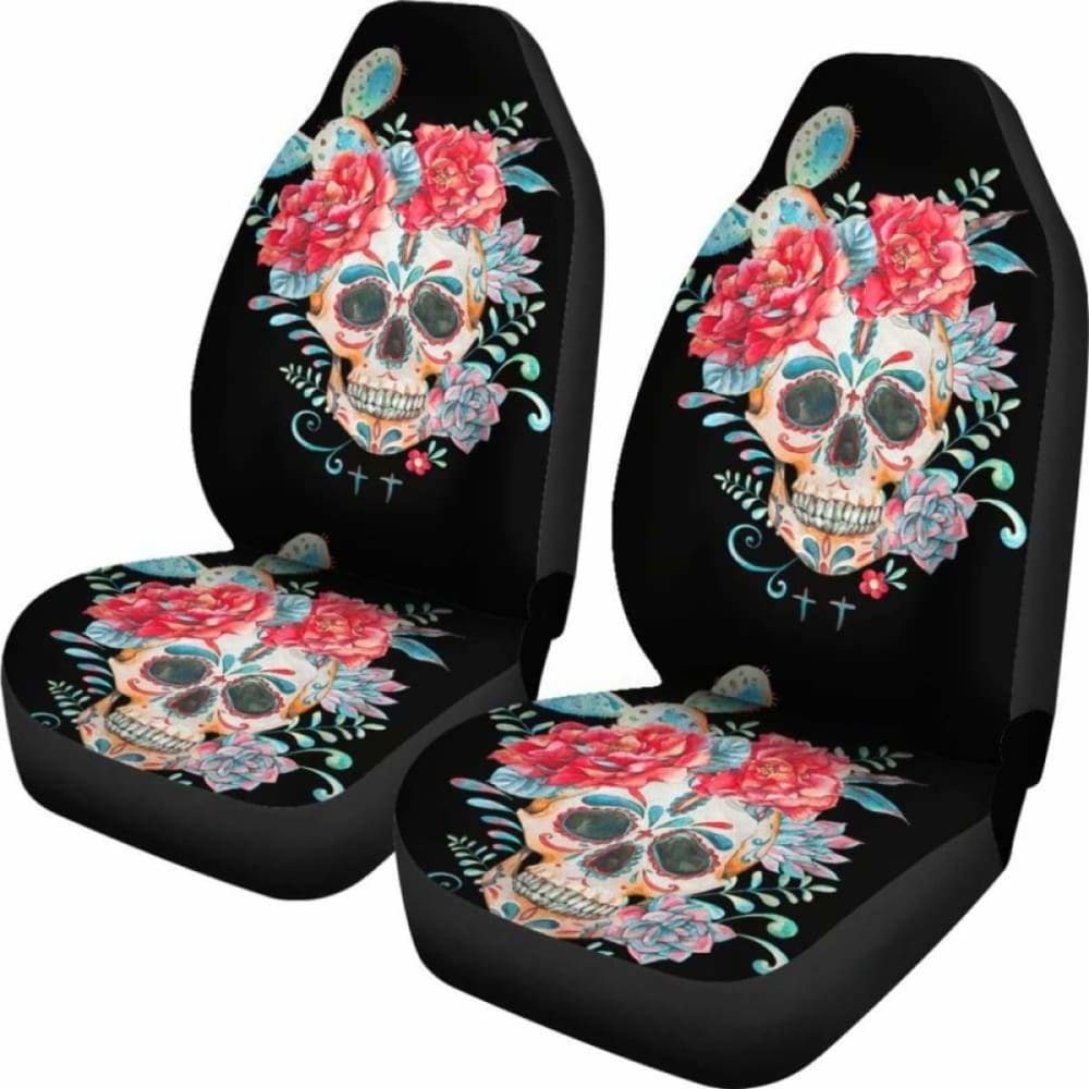 Set Of 2 Pcs Floral Skull Car Seat Covers 153908 - YourCarButBetter