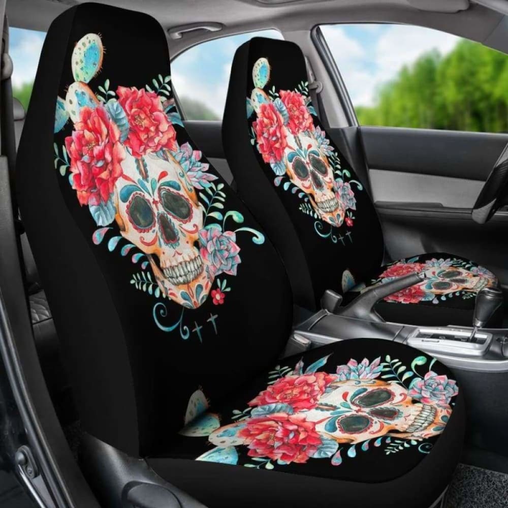 Set Of 2 Pcs Floral Skull Car Seat Covers 153908 - YourCarButBetter