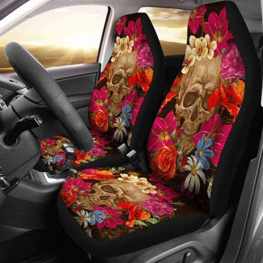 Set Of 2 Pcs Floral Skull Car Seat Covers 153908 - YourCarButBetter