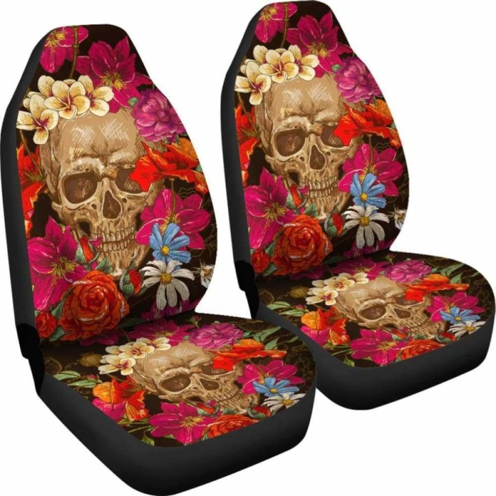 Set Of 2 Pcs Floral Skull Car Seat Covers 153908 - YourCarButBetter