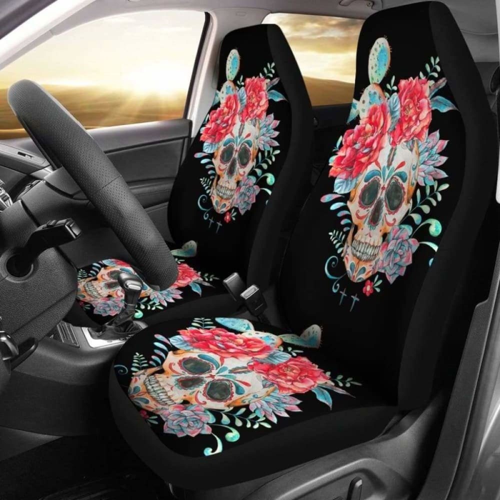 Set Of 2 Pcs Floral Skull Car Seat Covers 153908 - YourCarButBetter