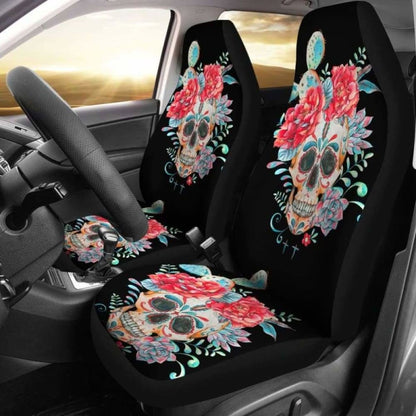 Set Of 2 Pcs Floral Skull Car Seat Covers 153908 - YourCarButBetter
