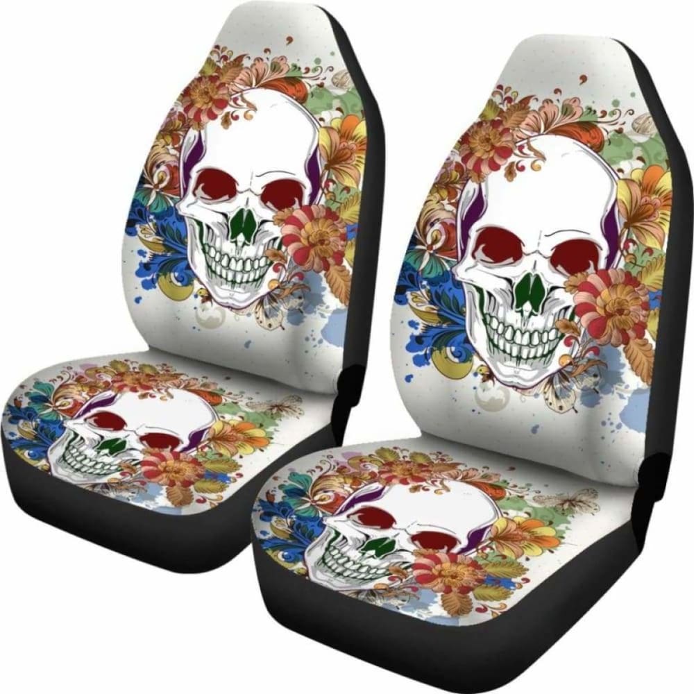 Set Of 2 Pcs Floral Skull Car Seat Covers 153908 - YourCarButBetter