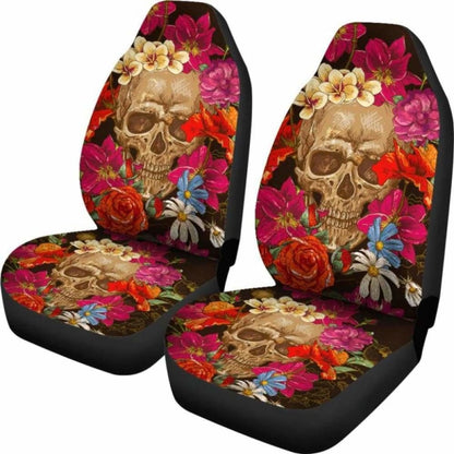 Set Of 2 Pcs Floral Skull Car Seat Covers 153908 - YourCarButBetter