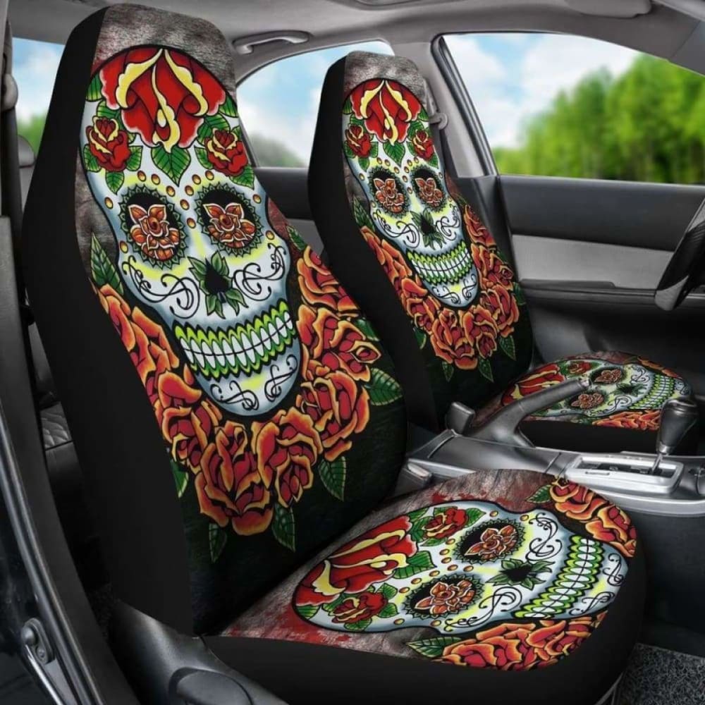 Set Of 2 Pcs Floral Sugar Skull Car Seat Covers 101207