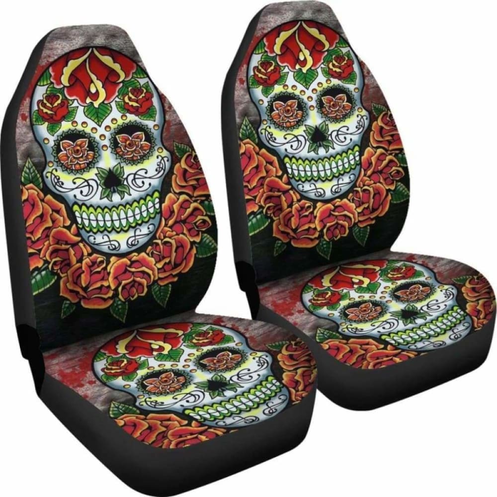 Set Of 2 Pcs Floral Sugar Skull Car Seat Covers 101207