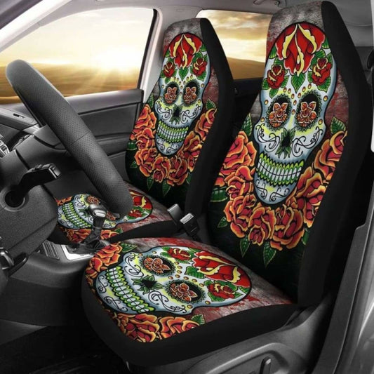 Set Of 2 Pcs Floral Sugar Skull Car Seat Covers 101207