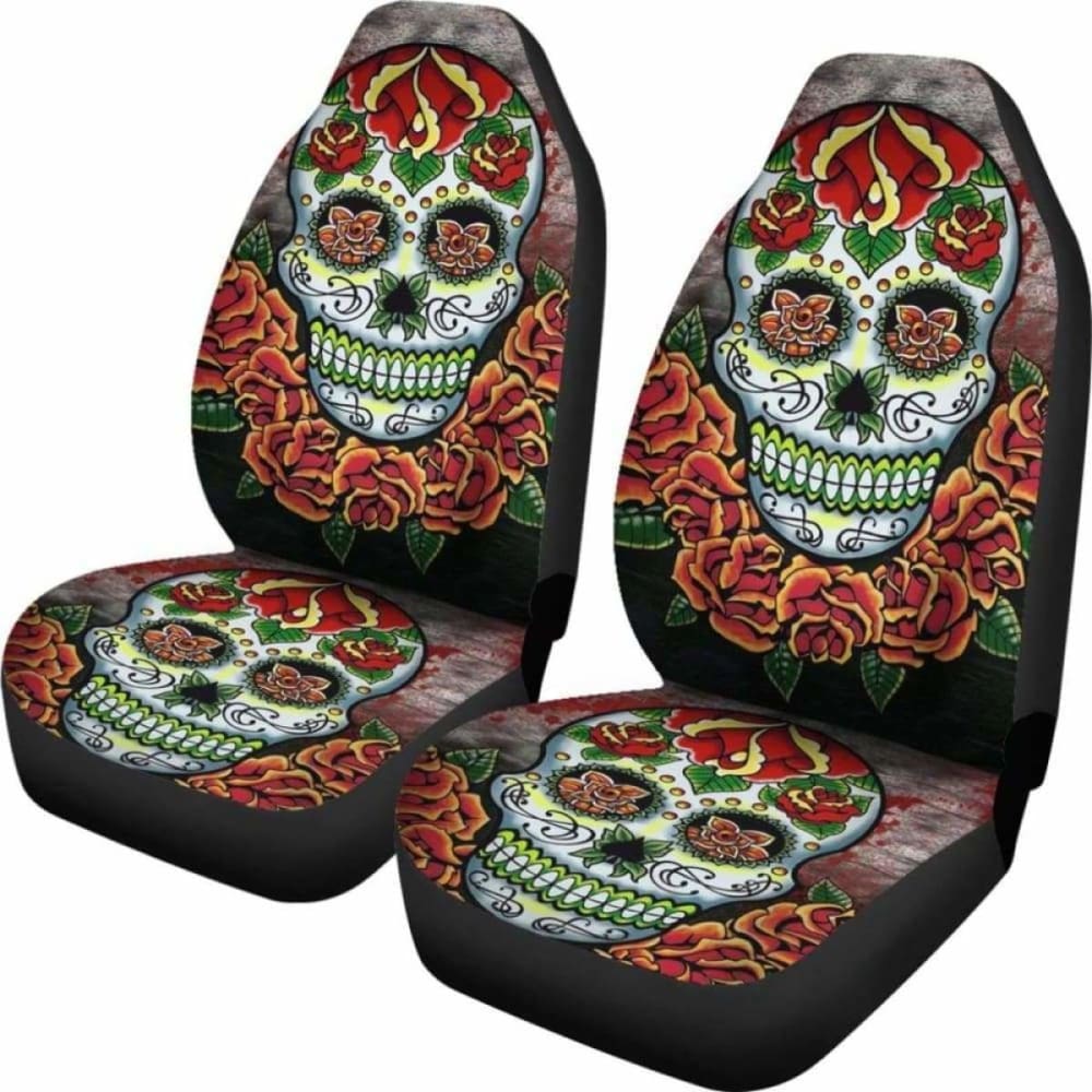 Set Of 2 Pcs Floral Sugar Skull Car Seat Covers 101207