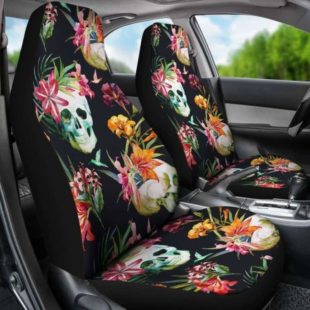 Set Of 2 Pcs - Skull Floral Fire Halloween Skull Car Seat Covers 153908 - YourCarButBetter