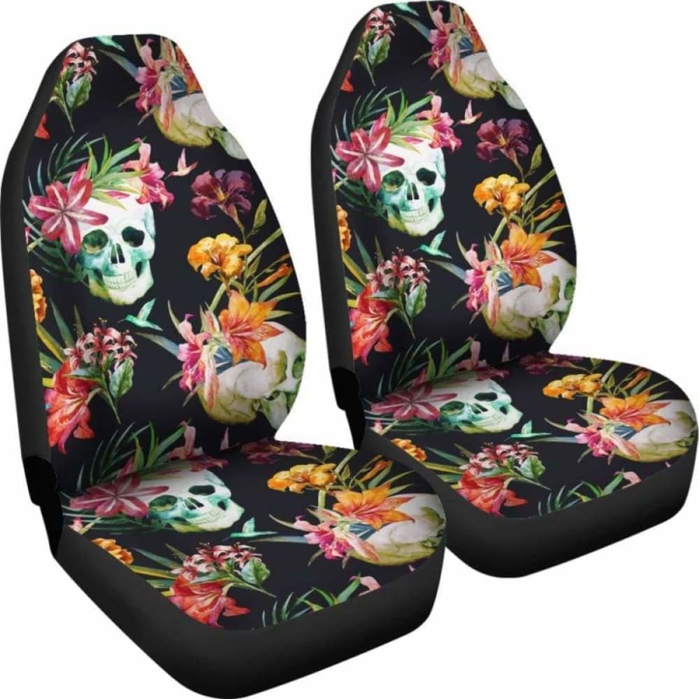 Set Of 2 Pcs - Skull Floral Fire Halloween Skull Car Seat Covers 153908 - YourCarButBetter