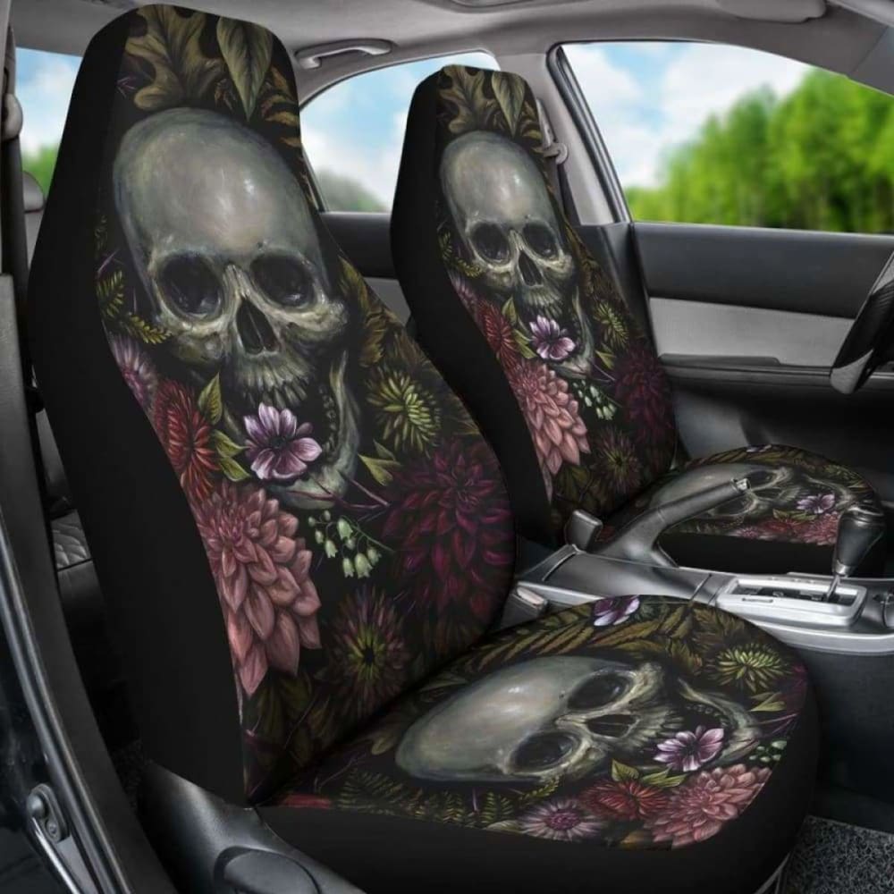 Set Of 2 Pcs - Skull Gothic Horror Flaming Fire Halloween Skull Car Seat Covers 101207