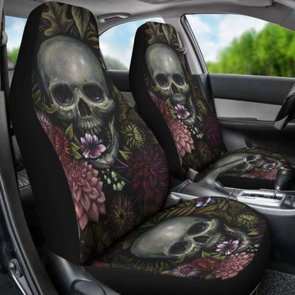 Set Of 2 Pcs - Skull Gothic Horror Flaming Fire Halloween Skull Car Seat Covers 101207